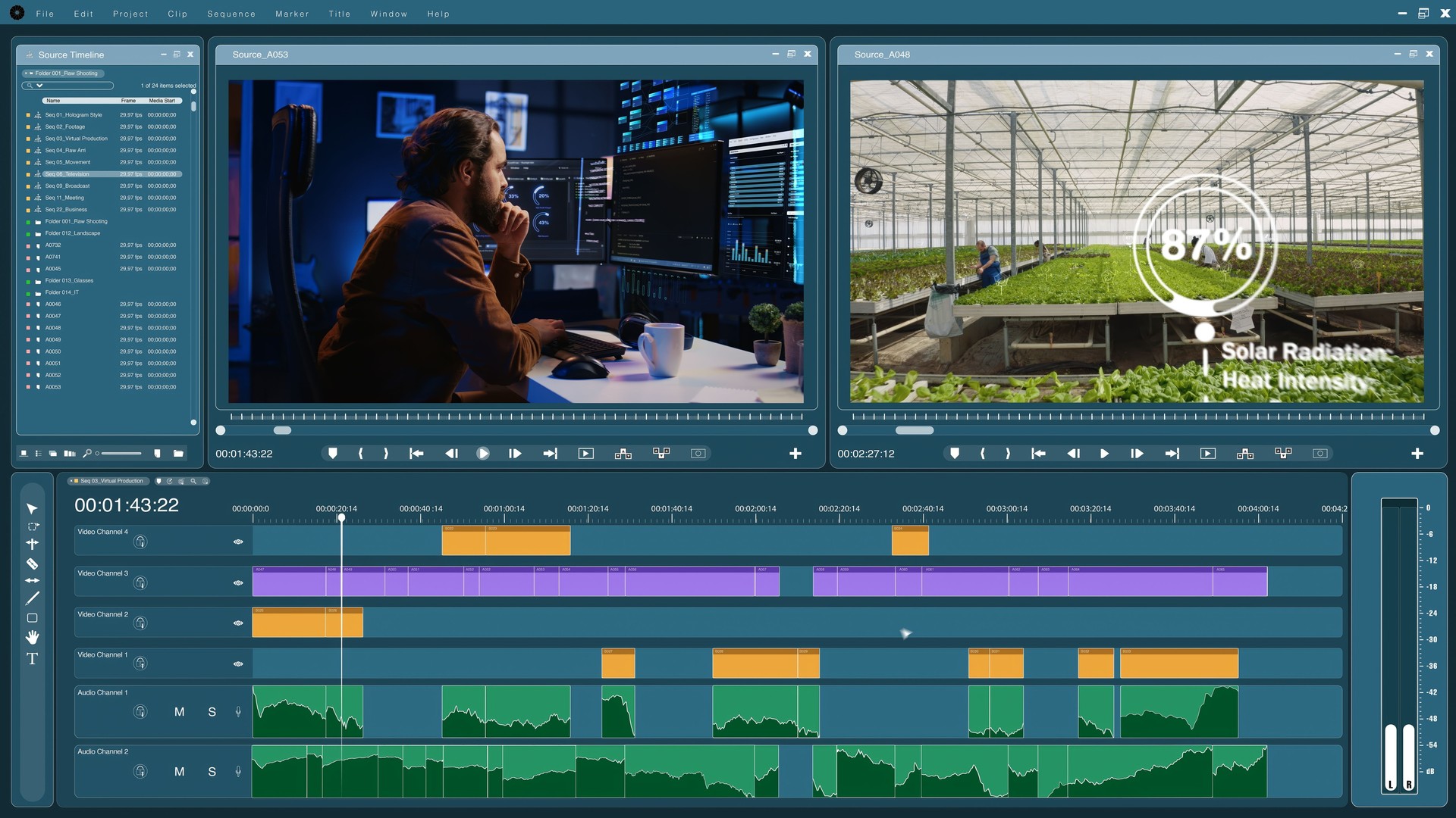 Video editor software interface used for professionally retouching clips